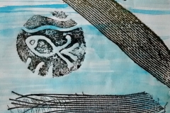 Fische im Netz, 2019, 24 cm x 16 cm, Monotypie, Aquarell, Papier, 180,- €